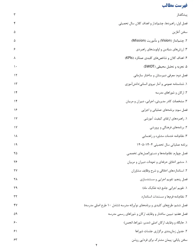 فهرست مطالب برنامه سالانه و تقویم اجرایی دوره اول متوسطه