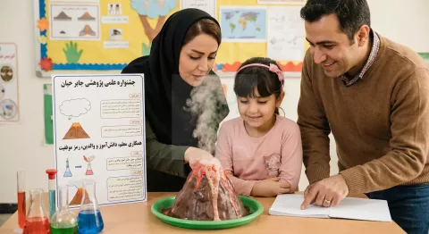 معلم و دانشآموز در حال بررسی یک پروژه علمی