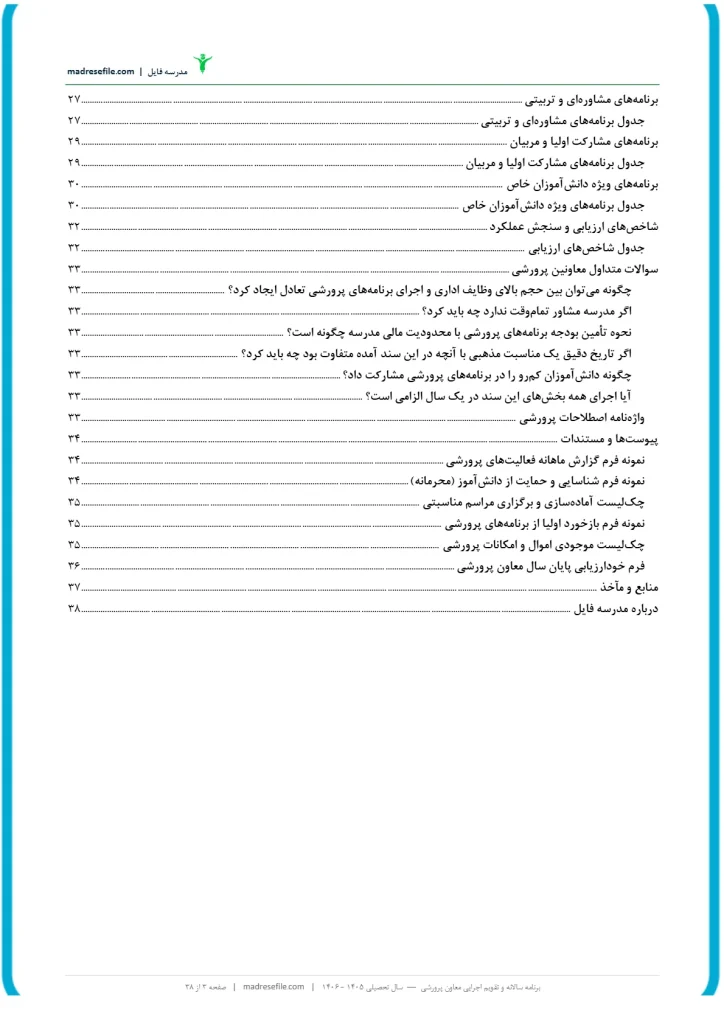 فهرست مطالب برنامه سالانه پرورشی ابتدایی