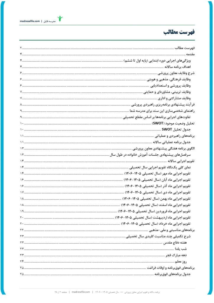 فهرست مطالب برنامه سالانه پرورشی