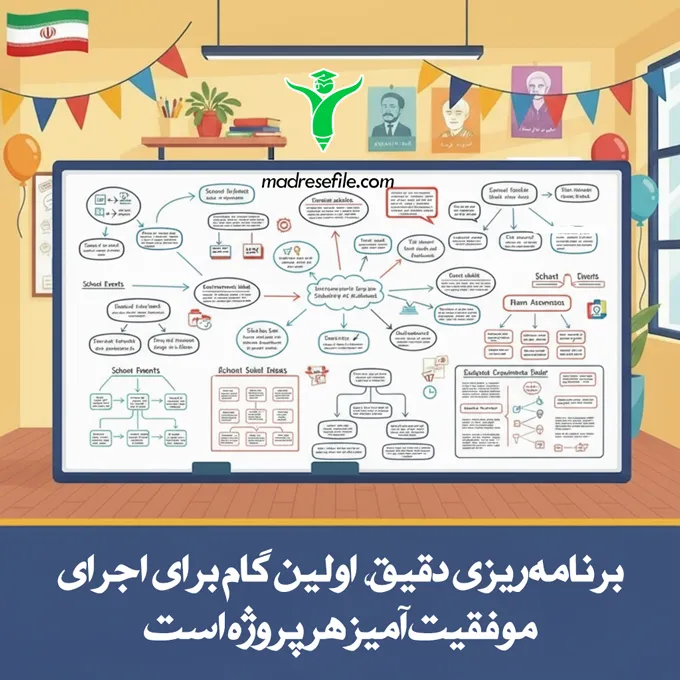 یک تخته وایت‌برد بزرگ با نقشه‌های ذهنی، ایده‌ها و مراحل برنامه‌ریزی پروژه‌های مختلف شورای دانش آموزی، نشان دهنده فعالیت‌های گروهی و همکاری