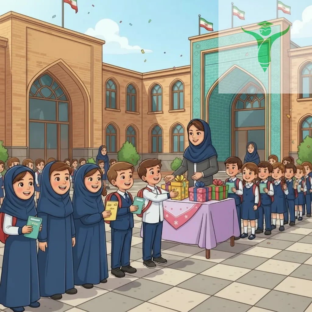 دانش‌آموزان کلاس اول در حال دریافت هدایا در جشن شکوفه‌ها