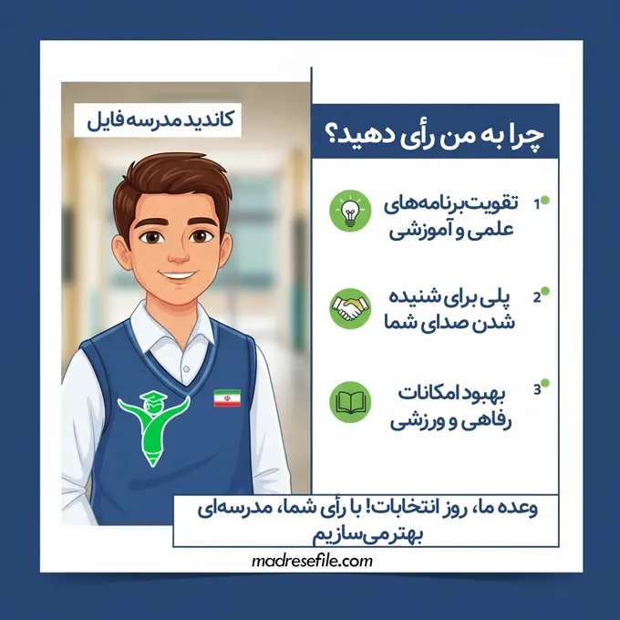 نمونه تراکت تبلیغاتی که در یک طرف آن عکس کاندیدا و در طرف دیگر سه دلیل اصلی برای رای دادن نوشته شده است.