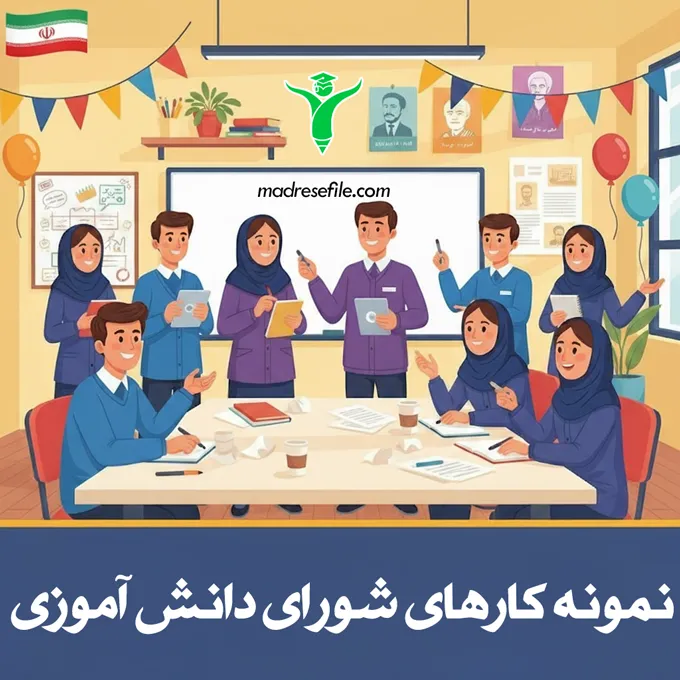 گروهی از دانش آموزان خلاق و پرانرژی در حال طوفان فکری و برنامه‌ریزی برای پروژه‌های نوآورانه شورای دانش آموزی در یک محیط پویا با تخته و ماژیک