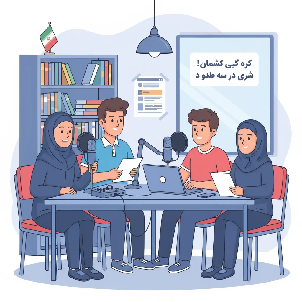 چند دانش آموز در حال ضبط پادکست مدرسه با میکروفون و لپ‌تاپ، نشان‌دهنده فعالیت‌های رسانه‌ای دانش‌آموزی.